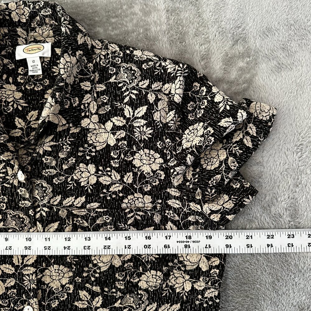 Talbots 90s Y2K Maxi Collared Shirt Dress Women's 12 Black Cream Floral Button - Picture 3 of 5